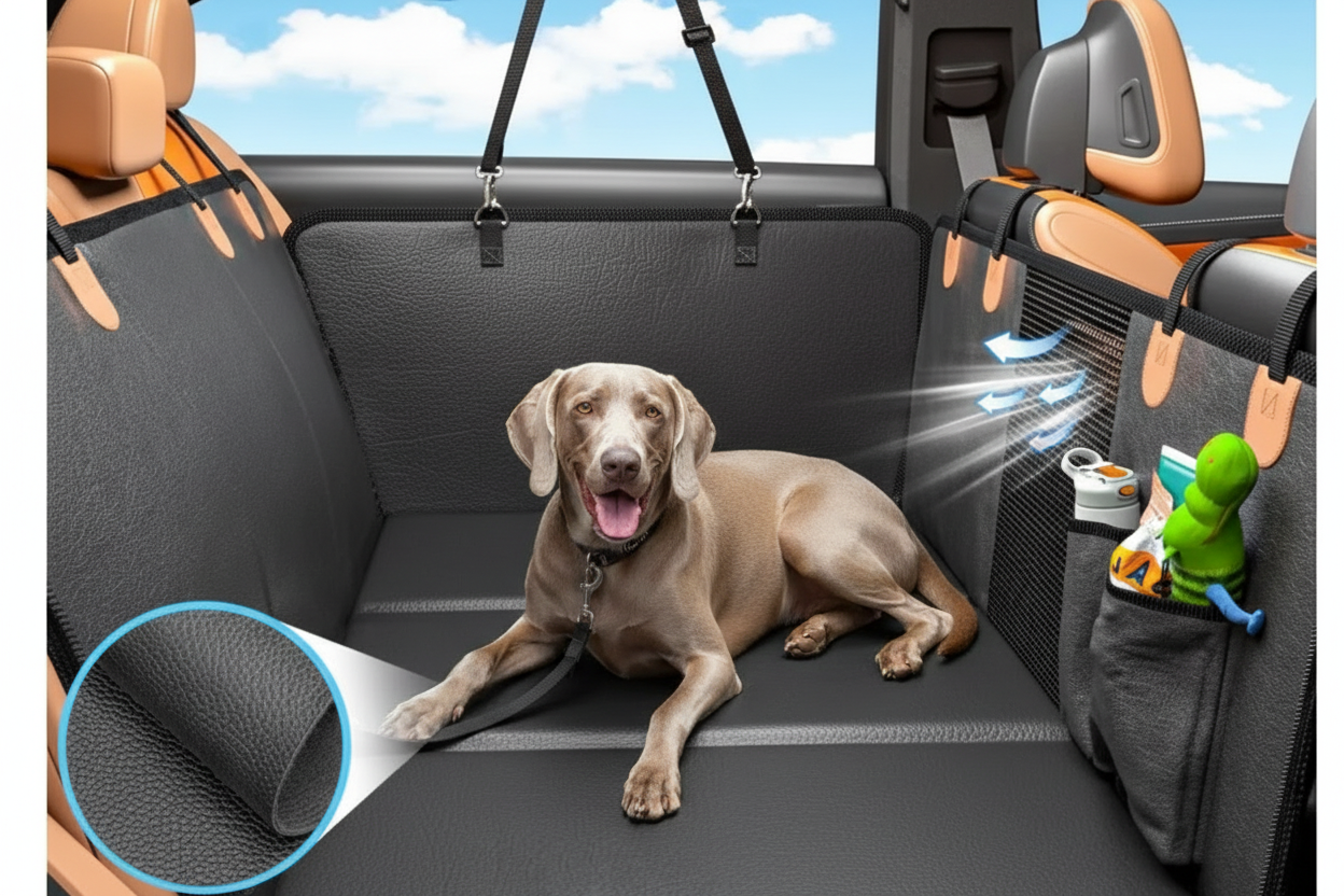 Weimaraner dog relaxing on a Premium Hard-Bottom Dog Car Seat Extender in a modern SUV